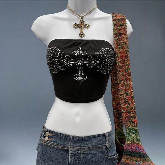 Y2K Style Cross Rhinestone Tube Top Strapless Goth Grunge Small - Picture 1 of 6